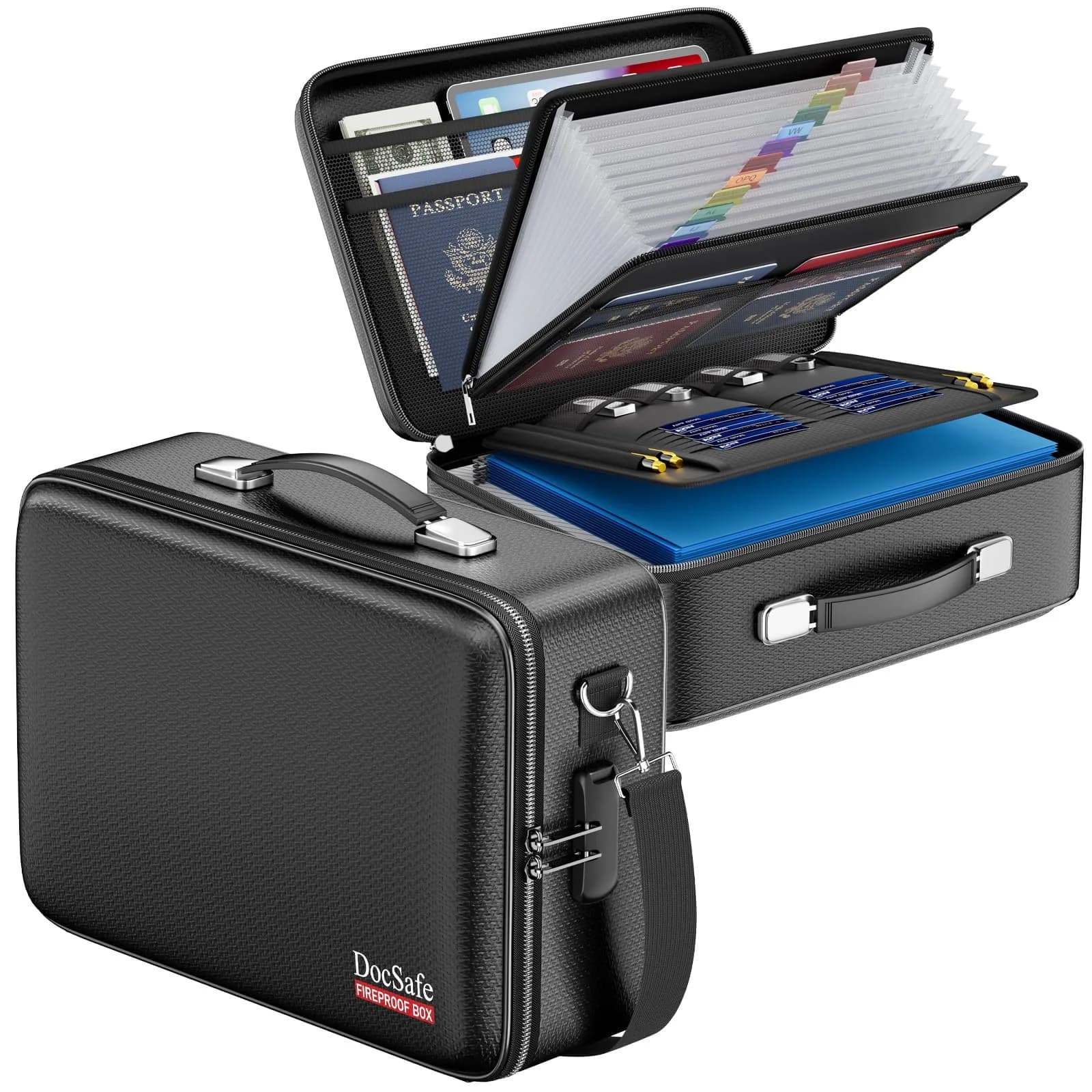 DocSafe Fireproof Document Box Hard Case with Lock & Accordion File Folder | Multi-Layer Safe Storage for Important Documents — Black