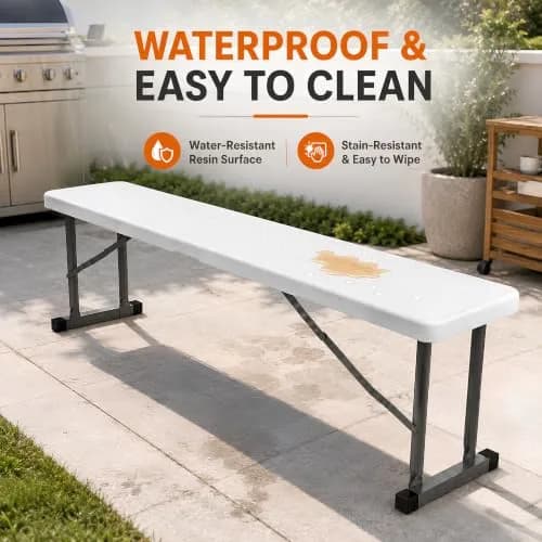 New Home Era 2.75ft Plastic Folding Bench | Lightweight & Portable White Resin with Steel Frame thumbnail 4
