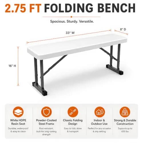 New Home Era 2.75ft Plastic Folding Bench | Lightweight & Portable White Resin with Steel Frame thumbnail 5