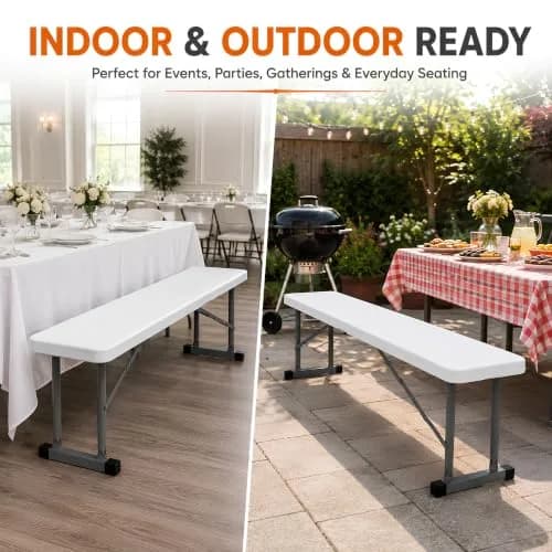New Home Era 2.75ft Plastic Folding Bench | Lightweight & Portable White Resin with Steel Frame thumbnail 6