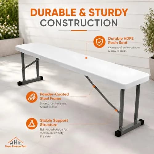 New Home Era 2.75ft Plastic Folding Bench | Lightweight & Portable White Resin with Steel Frame thumbnail 2