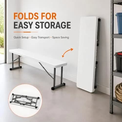 New Home Era 2.75ft Plastic Folding Bench | Lightweight & Portable White Resin with Steel Frame thumbnail 3