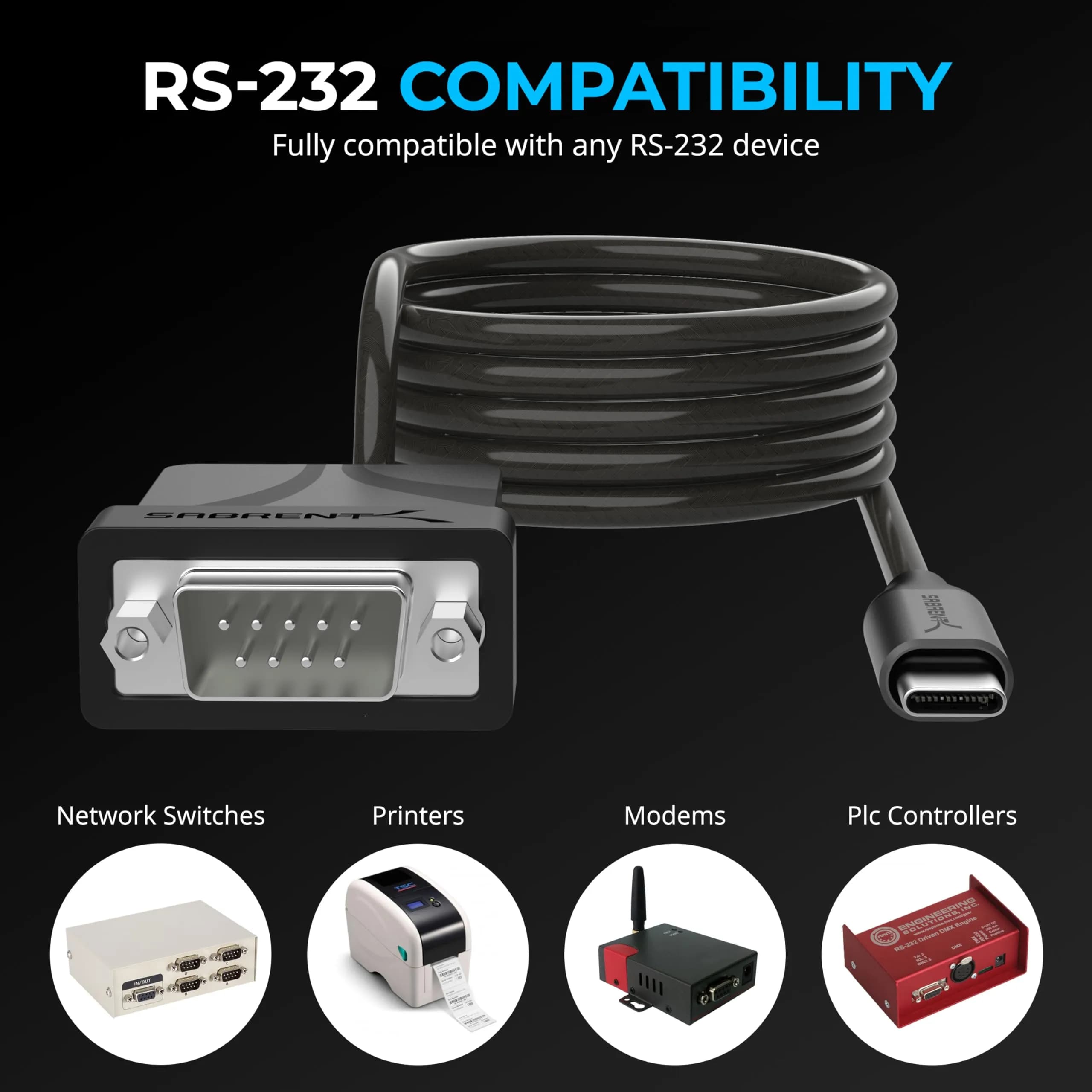 Sabrent USB-C to DB9 Serial RS-232 Adapter Cable 6ft (CB-D9C6) | Connects USB-C to Legacy RS-232 Devices - view 6