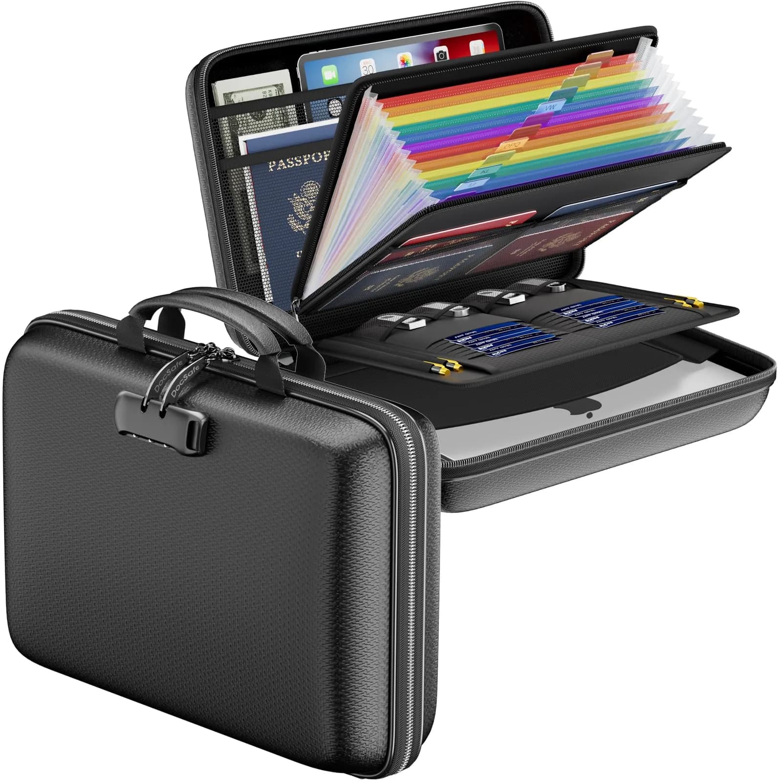 DocSafe Fireproof Document Box with Lock & Accordion File Folder, 36.8 cm (14.5") | UL94-V0/5VA Flame Retardant — Black