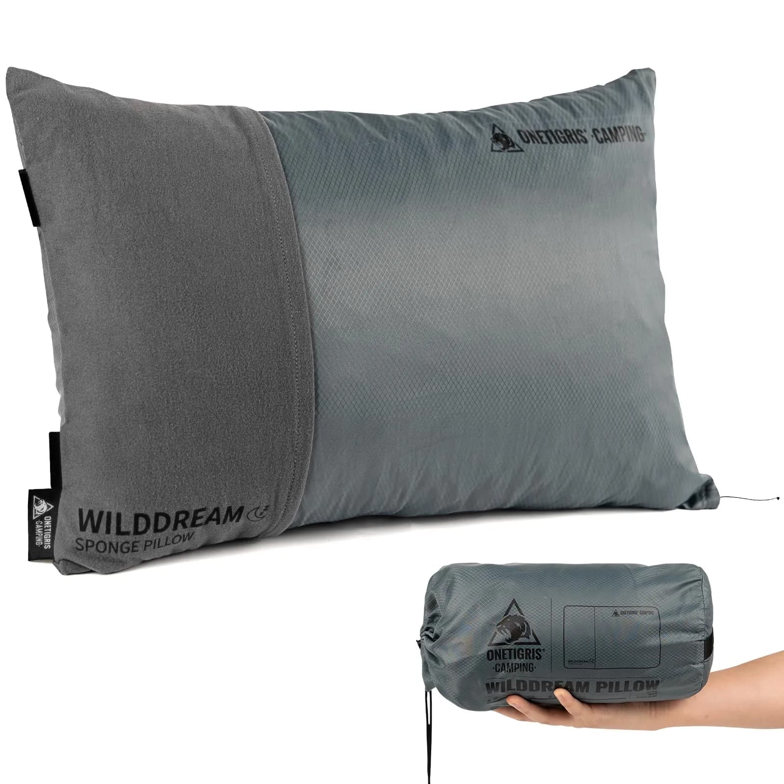 ONETIGRIS Wilddream Camping Pillow Shredded Memory Foam Medium Cool Gray | Compact & Comfortable for Backpacking, Travel, and Car Trips