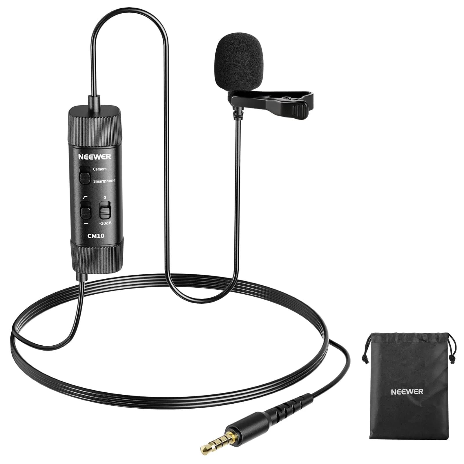 NEEWER Microphone CM10 | 360° Omnidirectional Lavalier Lapel Mic for Camera & Phone, 1.5m Cable, Low Frequency Cut, Gain Control, Monitoring Jack — CM10w/3.5mm TRRS Plug