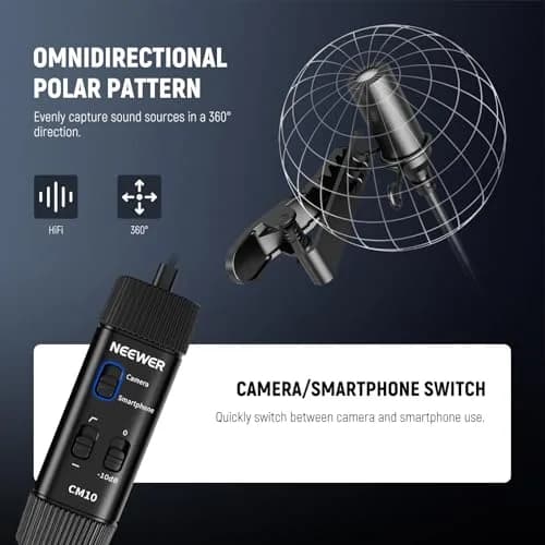 NEEWER Microphone CM10 | 360° Omnidirectional Lavalier Lapel Mic for Camera & Phone, 1.5m Cable, Low Frequency Cut, Gain Control, Monitoring Jack thumbnail 2