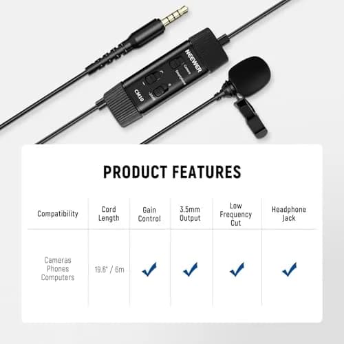 NEEWER Microphone CM10 | 360° Omnidirectional Lavalier Lapel Mic for Camera & Phone, 1.5m Cable, Low Frequency Cut, Gain Control, Monitoring Jack thumbnail 3