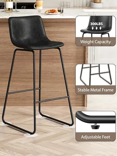 Aowos 30in Bar Stools Counter Height Chairs Set of 2 Metal Legs | Modern Faux Leather Seating (70-120c) thumbnail 6