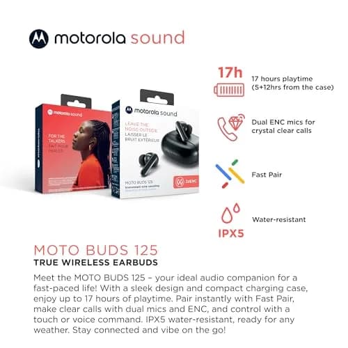 Motorola Sound Moto Buds 125 True Wireless Earbuds Black | IPX5 Waterproof, Bluetooth 5.2, 17 Hrs Total Playtime thumbnail 2
