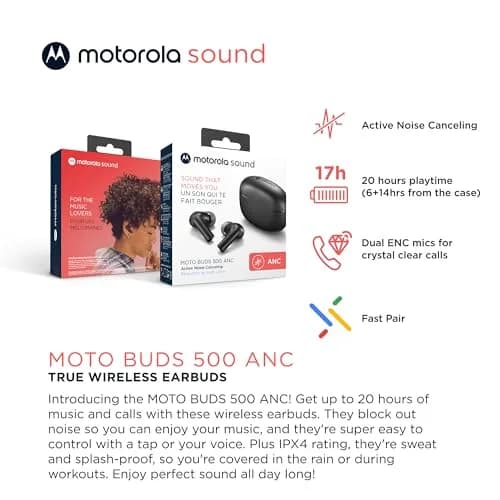 Motorola Sound Moto Buds 500 ANC True Wireless Earbuds | IPX4 Water Resistant, 20H Total Playtime thumbnail 2
