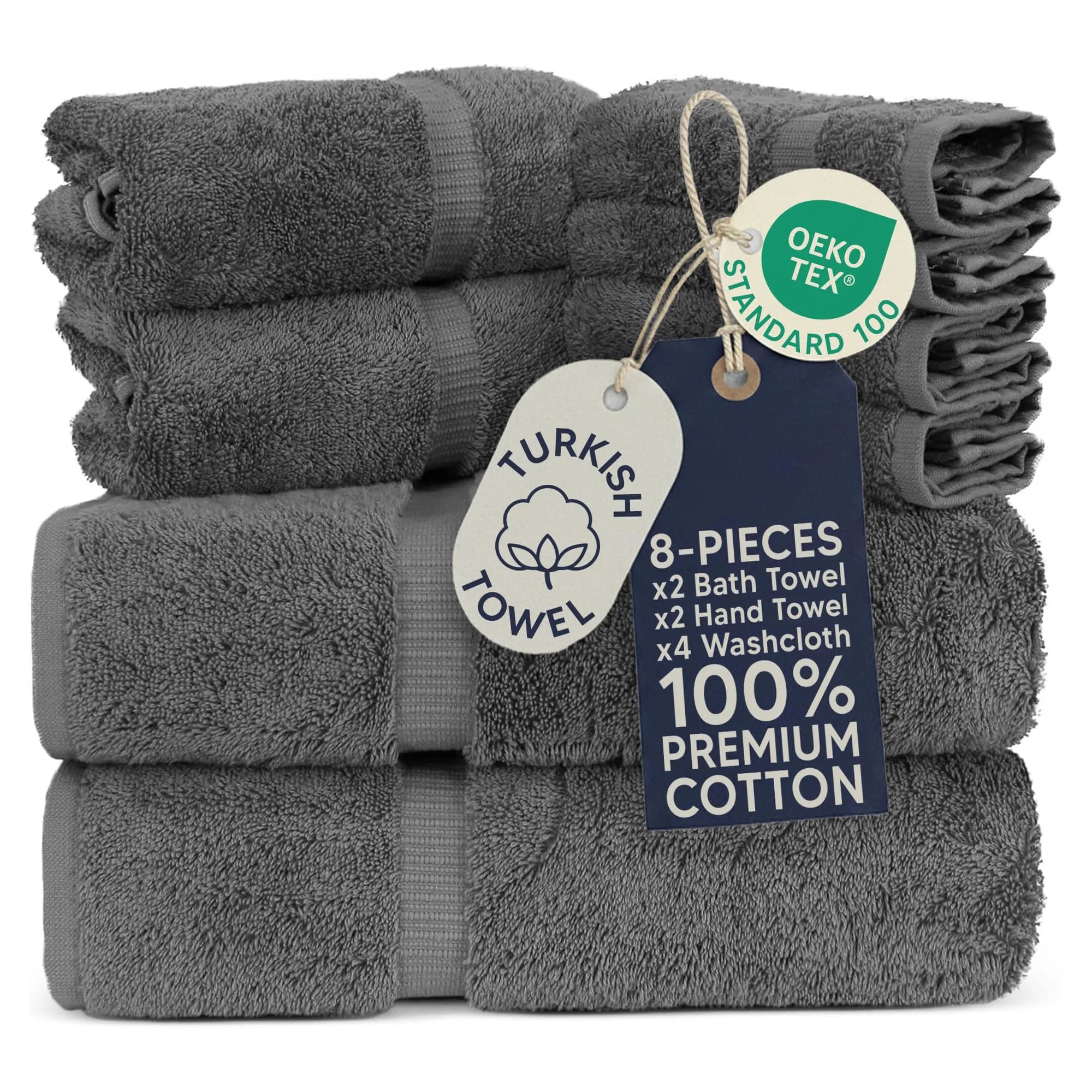 Towel Bazaar 8-Piece Turkish Cotton Towel Set, Dark Gray | Premium Quality, Long-Lasting, Authentic — Dark Gray