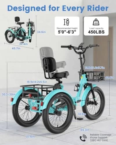 MOONCOOL Electric Trike for Adults 20" Fat Tire Folding | 500W 48V Aluminum Step-Through thumbnail 9