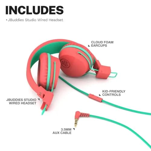 JLab JBuddies Studio Wired Kids Headphones with Mic, Volume Limiter, Foldable, Adjustable, Peach | Safe 85dB Listening for Ages 6+ thumbnail 7