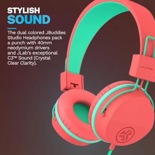 JLab JBuddies Studio Wired Kids Headphones with Mic, Volume Limiter, Foldable, Adjustable, Peach | Safe 85dB Listening for Ages 6+ thumbnail 2