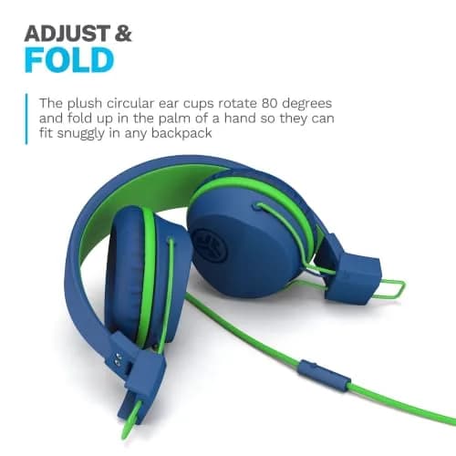 JLab JBuddies Studio Kids Wired On-Ear Headphones with Mic, Volume Limiter, Folding, Adjustable, Noise Isolation, Blue/Green (170g) thumbnail 5