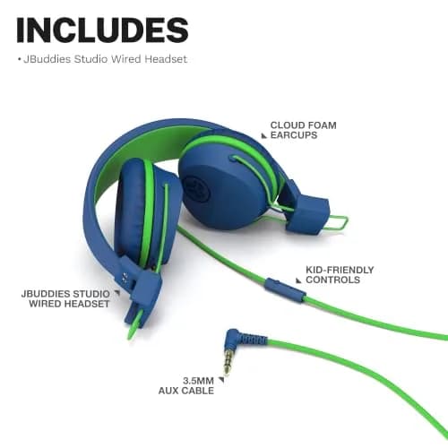 JLab JBuddies Studio Kids Wired On-Ear Headphones with Mic, Volume Limiter, Folding, Adjustable, Noise Isolation, Blue/Green (170g) thumbnail 7