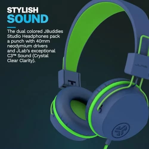 JLab JBuddies Studio Kids Wired On-Ear Headphones with Mic, Volume Limiter, Folding, Adjustable, Noise Isolation, Blue/Green (170g) thumbnail 2