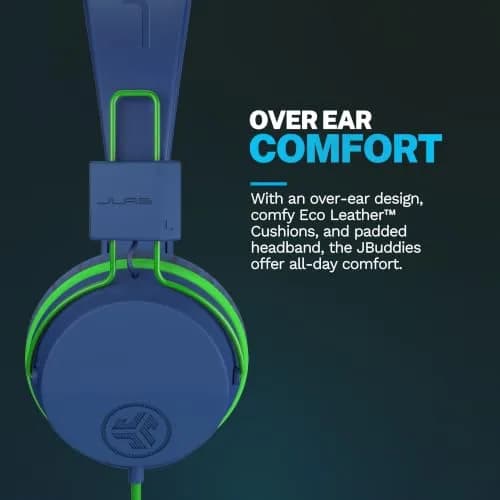 JLab JBuddies Studio Kids Wired On-Ear Headphones with Mic, Volume Limiter, Folding, Adjustable, Noise Isolation, Blue/Green (170g) thumbnail 3