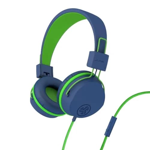 JLab JBuddies Studio Kids Wired On-Ear Headphones with Mic, Volume Limiter, Folding, Adjustable, Noise Isolation, Blue/Green (170g) - main product image