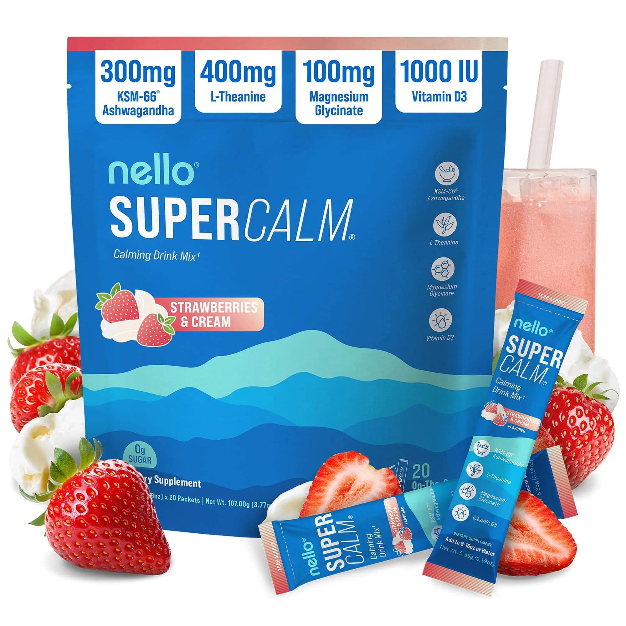 Nello Supercalm Powdered Drink Mix Strawberries & Cream 20 Servings | Cortisol Reducer & Sleep Aid - main product image