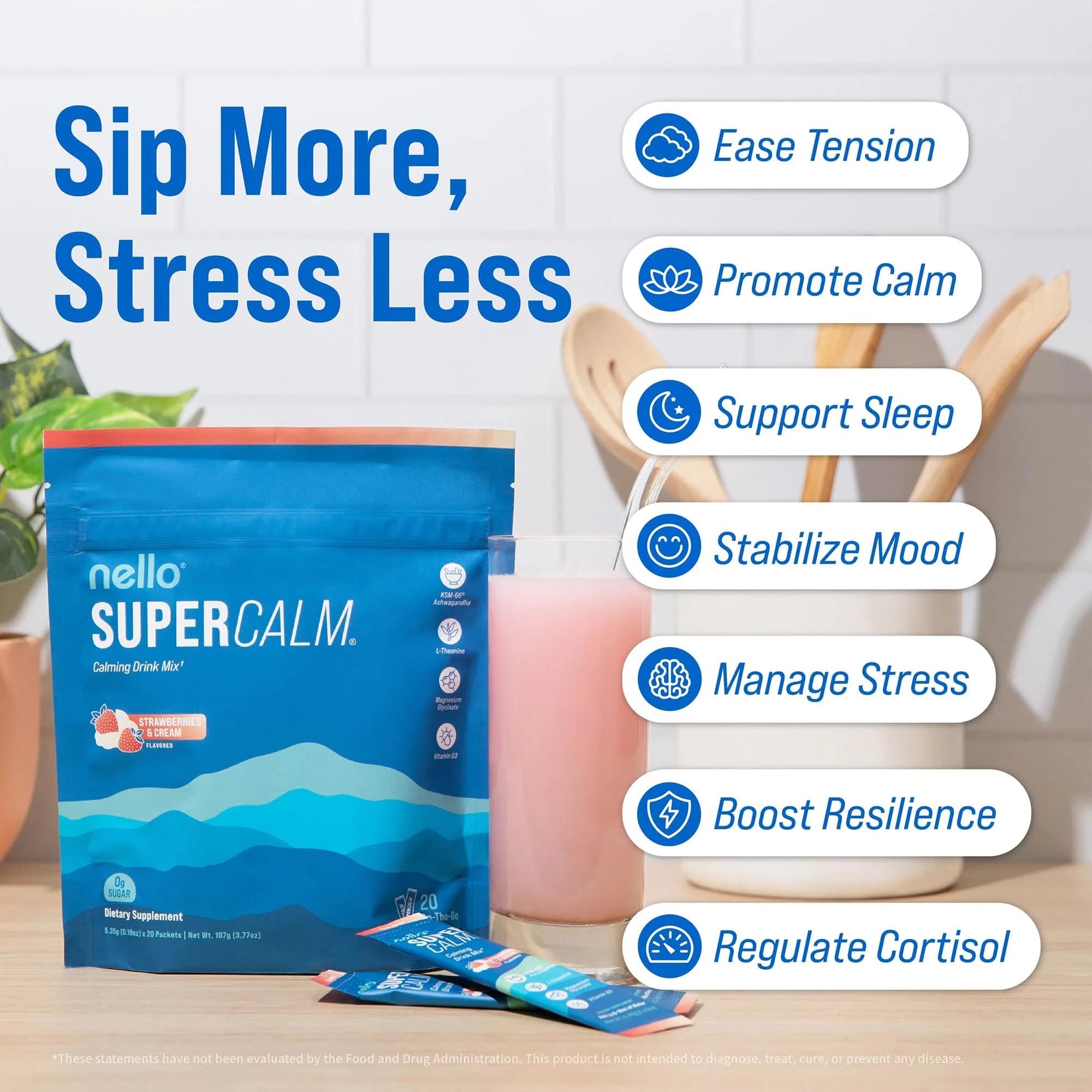 Nello Supercalm Powdered Drink Mix Strawberries & Cream 20 Servings | Cortisol Reducer & Sleep Aid - view 3