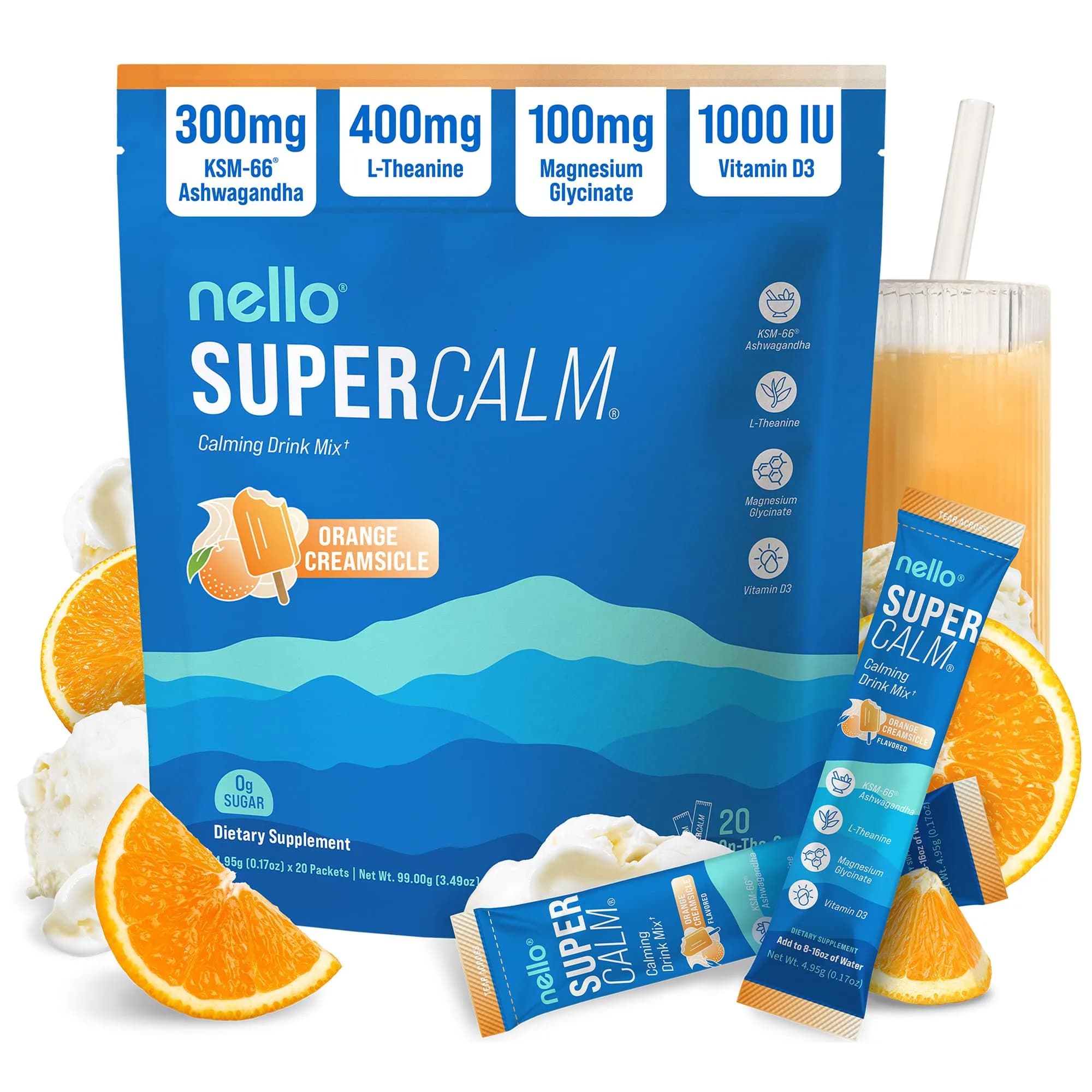 Nello SuperCalm Powdered Drink Mix 20 Ct Orange Creamsicle | Cortisol Reducer & Sleep Aid - main product image