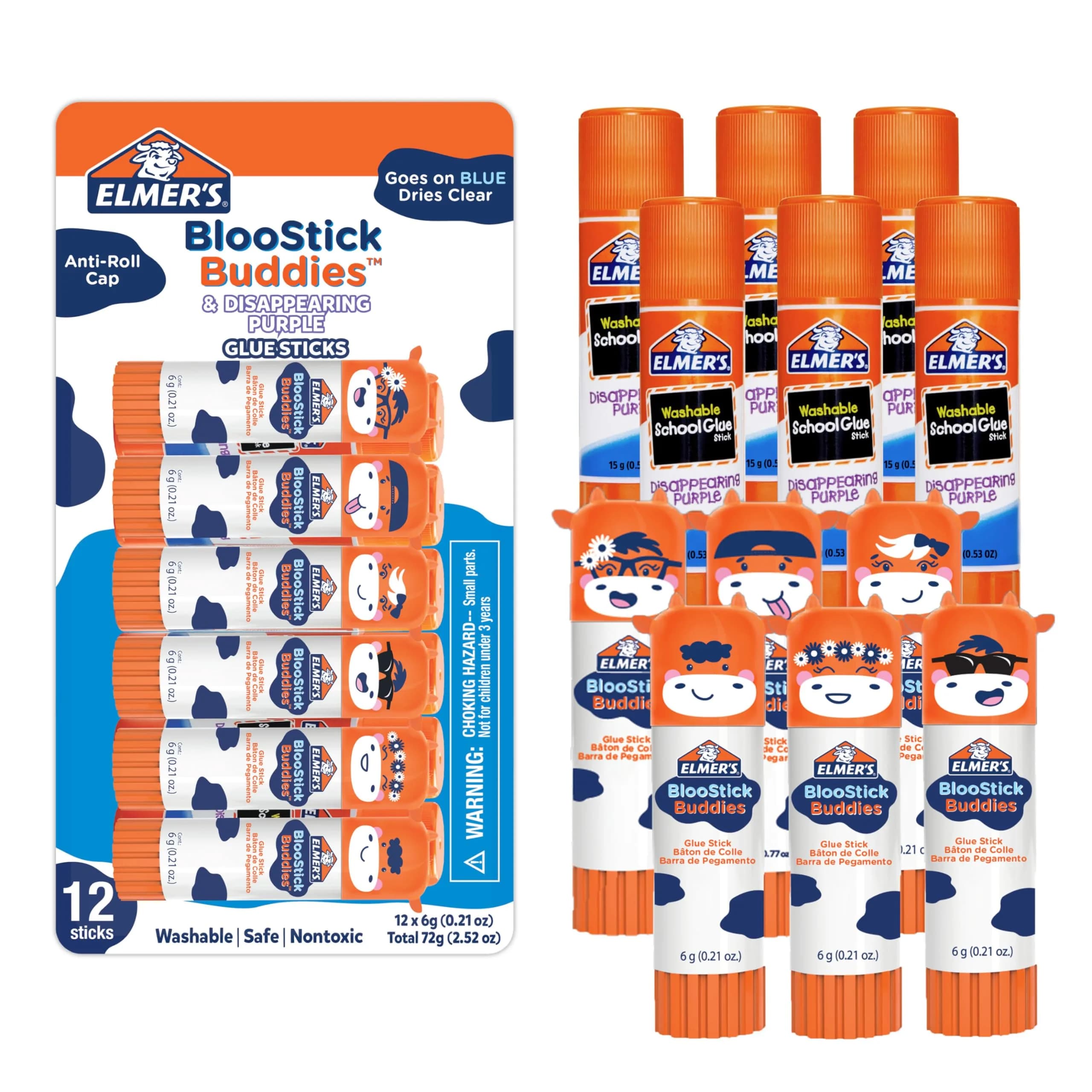 Elmer's Glue Sticks Combo Pack, BlooStick Buddies & Disappearing Purple, 12 Count (6g Each) | Fun, Washable School & Craft Adhesive — Purple