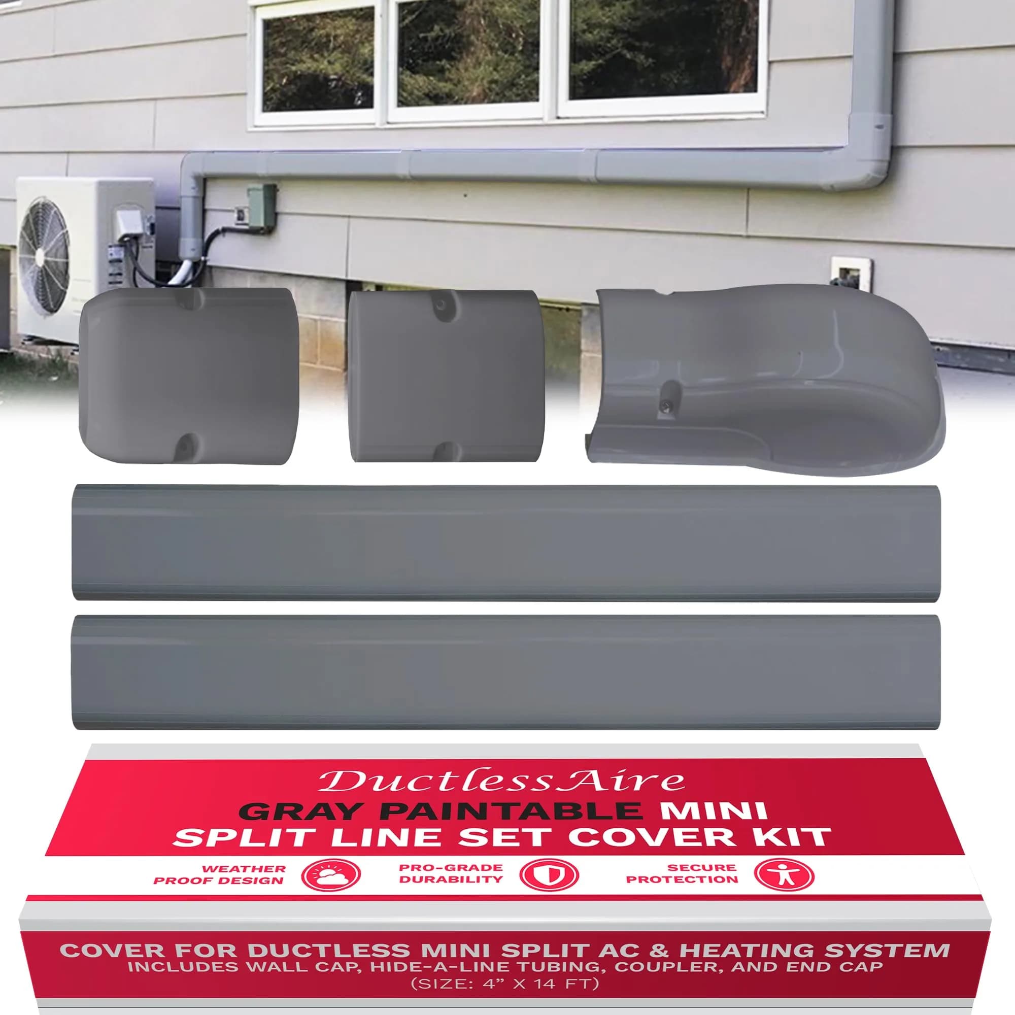 DuctlessAire Mini Split Line Set Cover - Paintable Kit (Gray, 4" x 14 ft.) | Protects AC Lines & Tubing — Gray