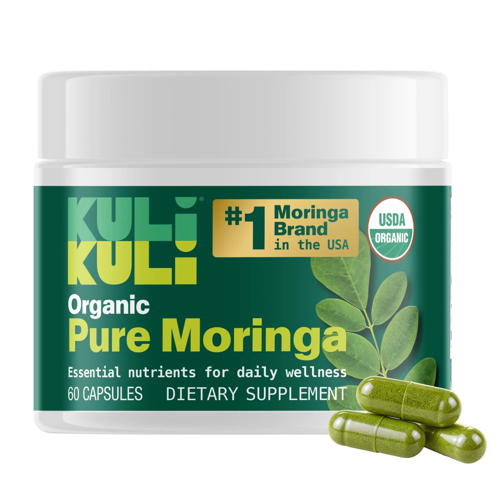 Kuli Kuli Organic Moringa Capsules 1000mg | Pure Leaf Supplement, 60 Count, Vegetarian, USDA Organic — Black