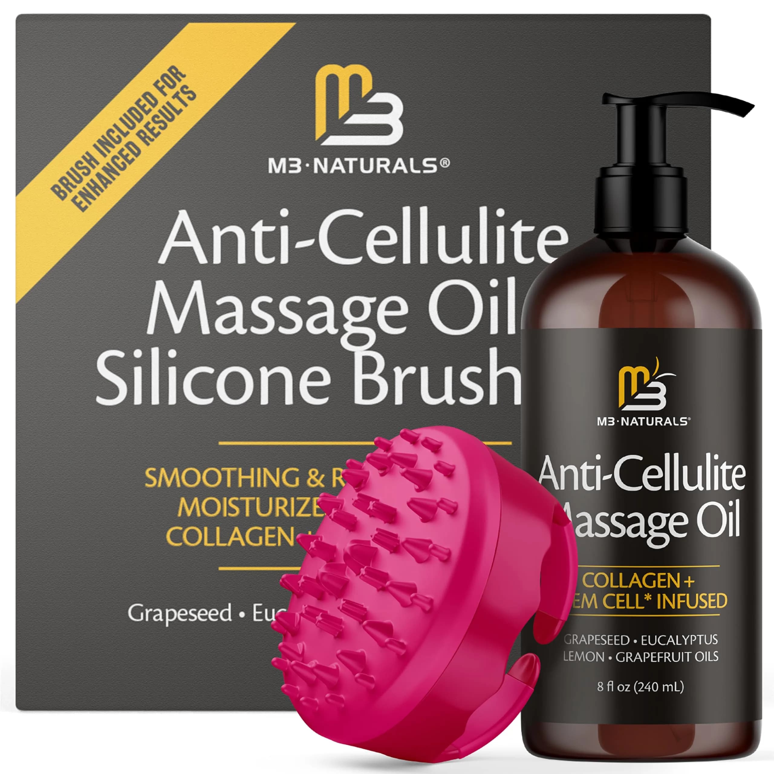 M3 Naturals Anti Cellulite Massage Oil & Silicone Body Brush Set | Collagen Stem Cell Skin Tightening Formula - main product image