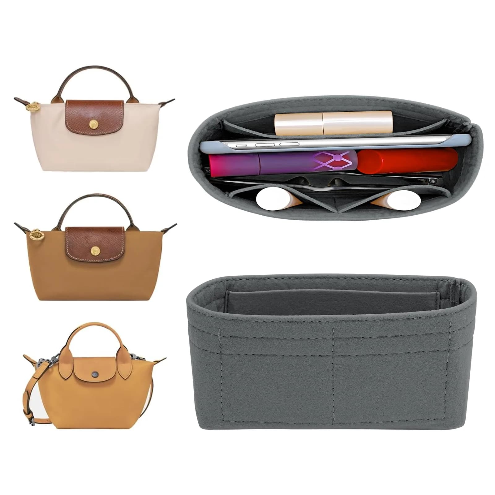 LOUKAYCCI Felt Mini Organizer Insert for Longchamp XS Bag | Compact & Multi-Compartment (70-120 chars) — Light Grey Felt