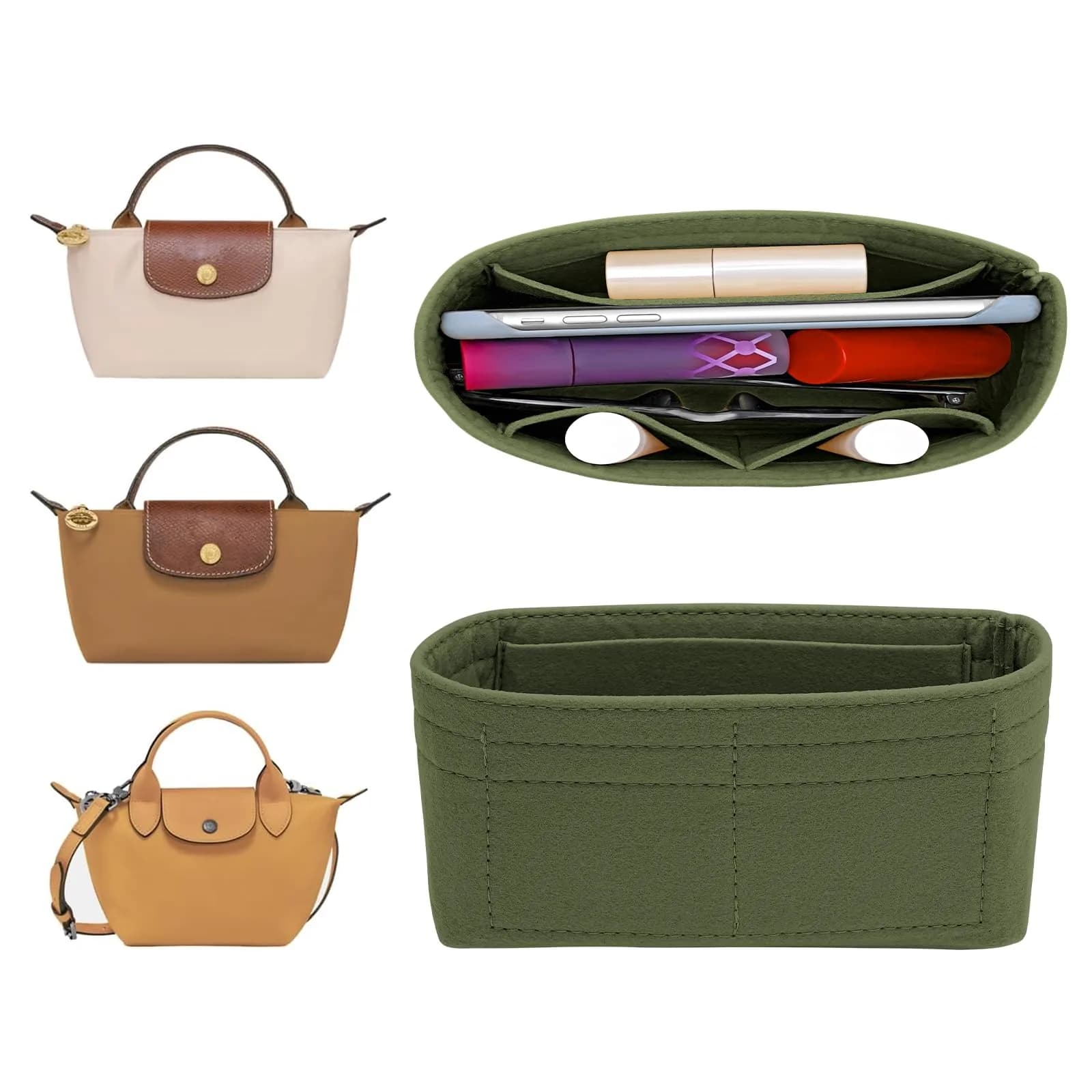 LOUKAYCCI Felt Mini Organizer Insert for Longchamp XS Bag, Green | 16.5cm (6.5") L x 5cm (2") W x 8cm (3.2") H - main product image