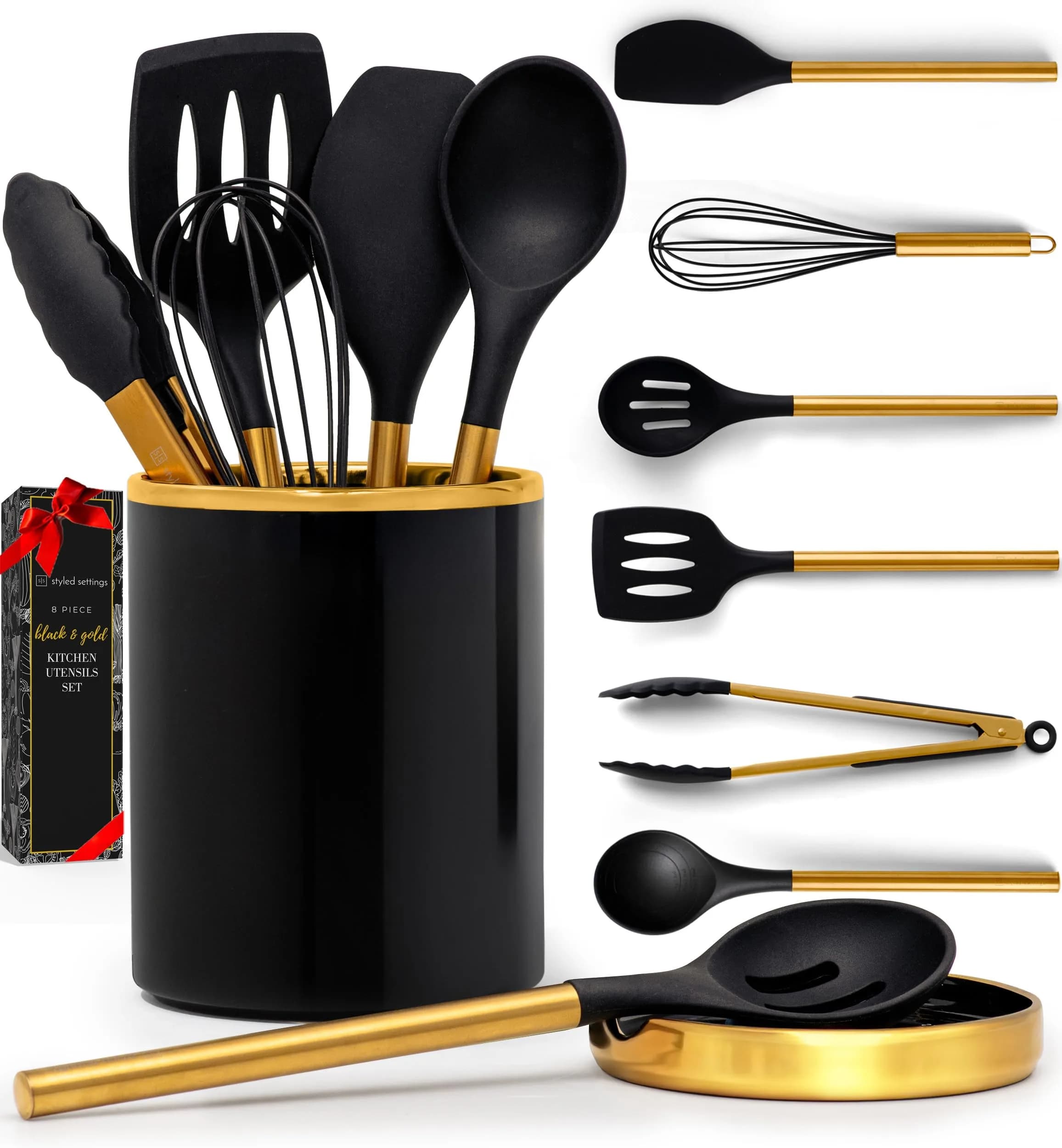 Styled Settings Black and Gold Kitchen Utensils Set with Holder, 8-Piece | Modern Nonstick Silicone & Ceramic Design — 8PC Black & Gold