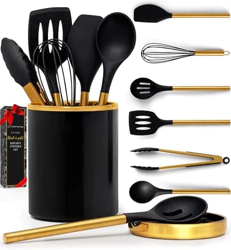 Styled Settings Black and Gold Kitchen Utensils Set with Holder, 8-Piece | Modern Nonstick Silicone & Ceramic Design thumbnail 1
