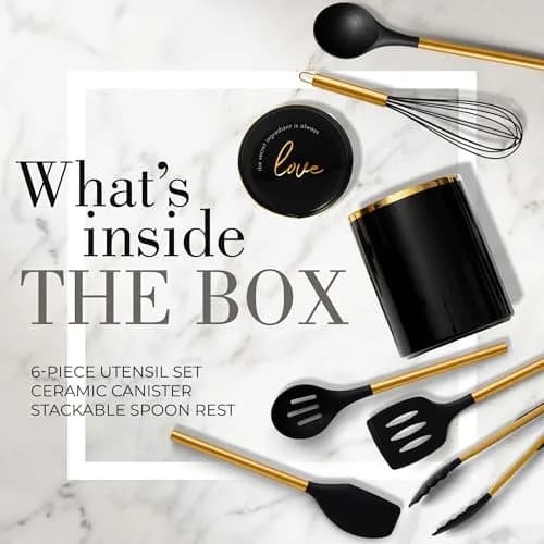 Styled Settings Black and Gold Kitchen Utensils Set with Holder, 8-Piece | Modern Nonstick Silicone & Ceramic Design thumbnail 2