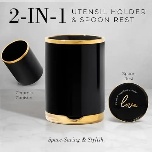 Styled Settings Black and Gold Kitchen Utensils Set with Holder, 8-Piece | Modern Nonstick Silicone & Ceramic Design thumbnail 3