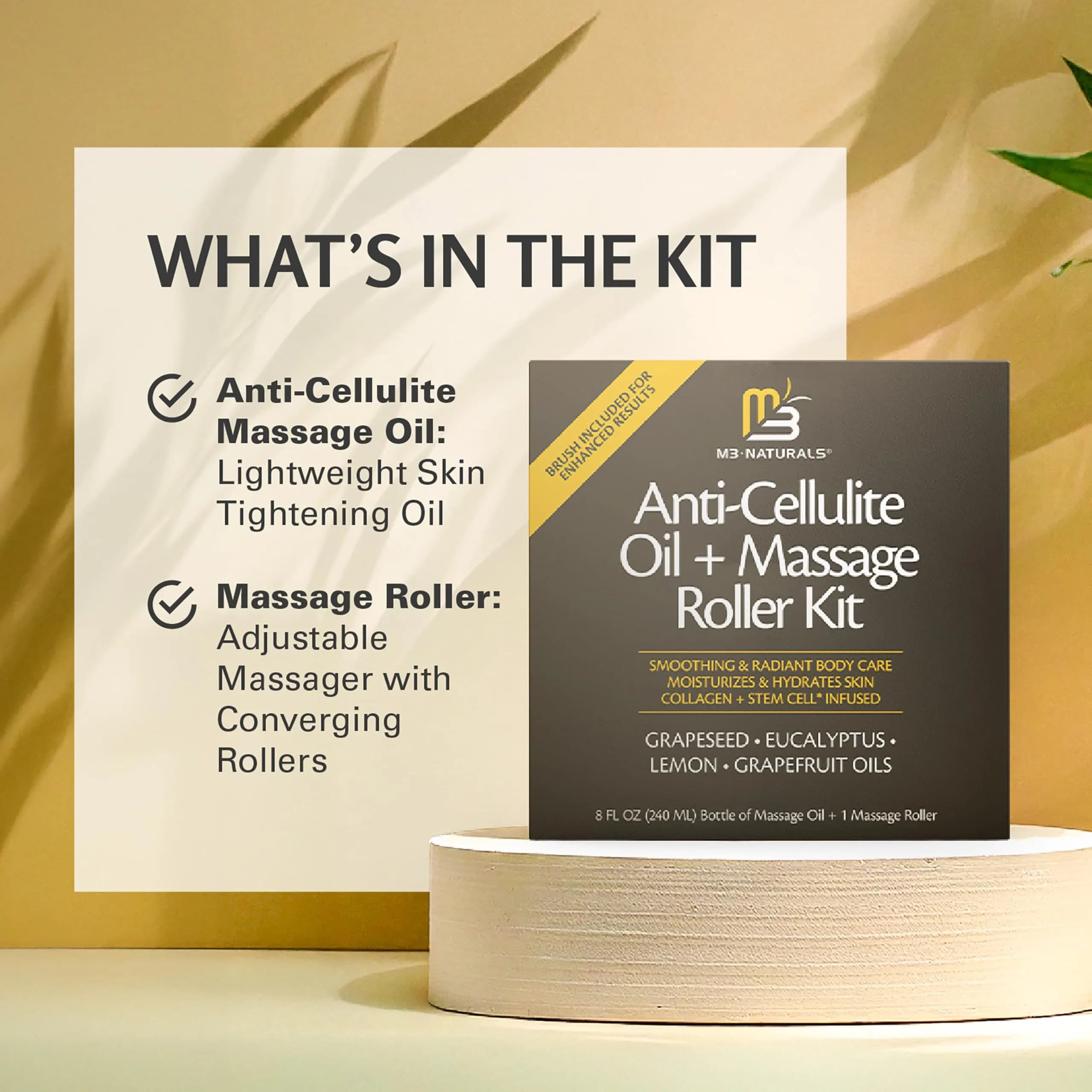 M3 Naturals Anti Cellulite Oil & Lymphatic Drainage Massager Kit | 8 fl oz (237 ml) | Smoother Skin - view 5