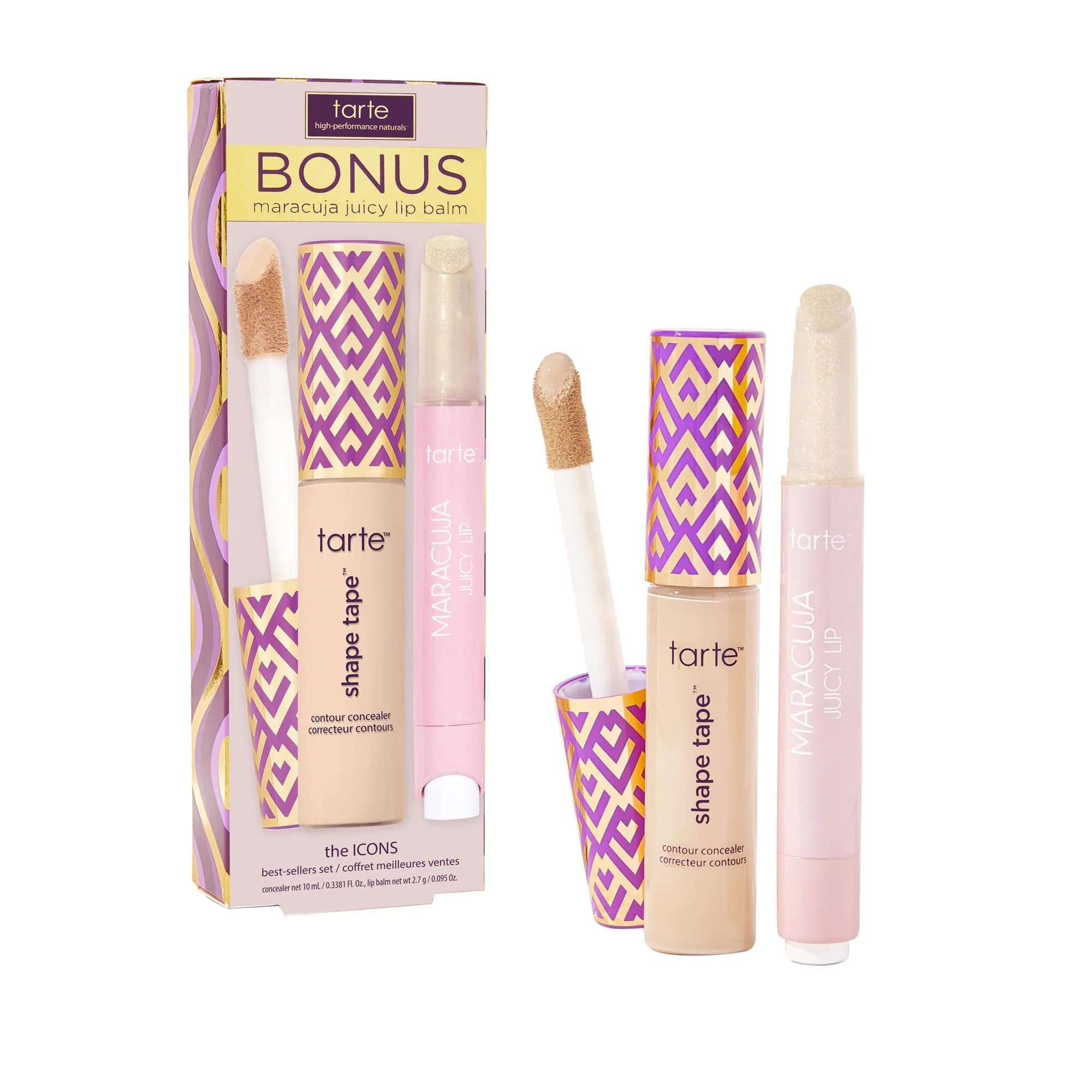 tarte icons shape tape concealer & maracuja juicy lip duo – Full Coverage Concealer with Hydrating Nourishing Lip Gloss Balm, Vegan & Cruelty-Free, full size, 16N fair-light neutral & sunflower