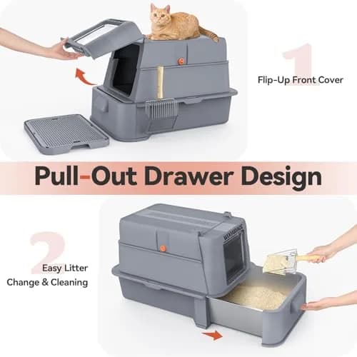 Wooaidagg Enclosed Stainless Steel Cat Litter Box 25" x 17" x 16.5" | Odor Control & Easy Cleaning thumbnail 2