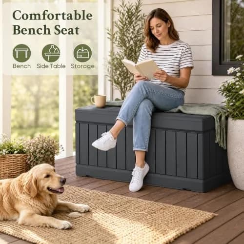 Devoko 78 Gallon Deck Box Waterproof Resin Outdoor Storage Bench with Lockable Lid thumbnail 6