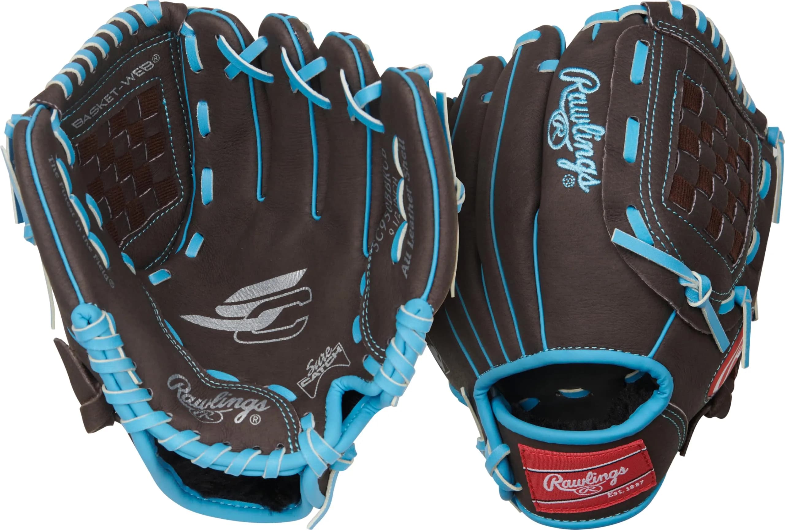 Rawlings Sure Catch Youth Baseball Glove 9.5" (24.13 cm) | Game-Ready Fit for Ages 4-5 — Mocha / Electric Blue