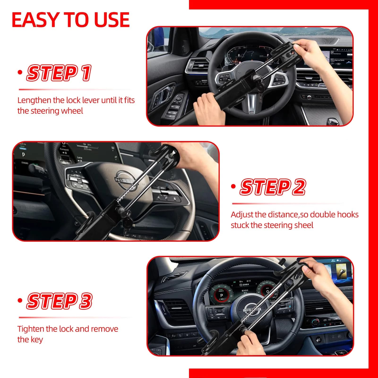 NOEAIKE Heavy Duty Steering Wheel Lock Anti-Theft Car Device with Dual Hooks & 2 Keys | Fits 12.7cm-33cm Wheels - view 5