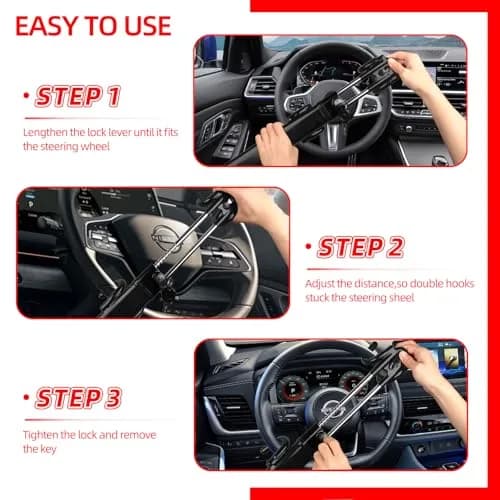 NOEAIKE Heavy Duty Steering Wheel Lock Anti-Theft Car Device with Dual Hooks & 2 Keys | Fits 12.7cm-33cm Wheels thumbnail 5