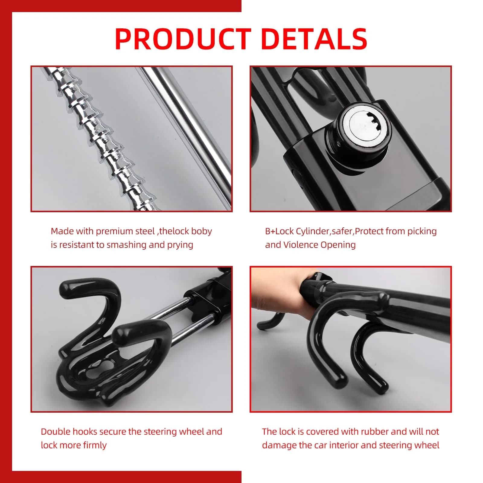 NOEAIKE Heavy Duty Steering Wheel Lock Anti-Theft Car Device with Dual Hooks & 2 Keys | Fits 12.7cm-33cm Wheels - view 4