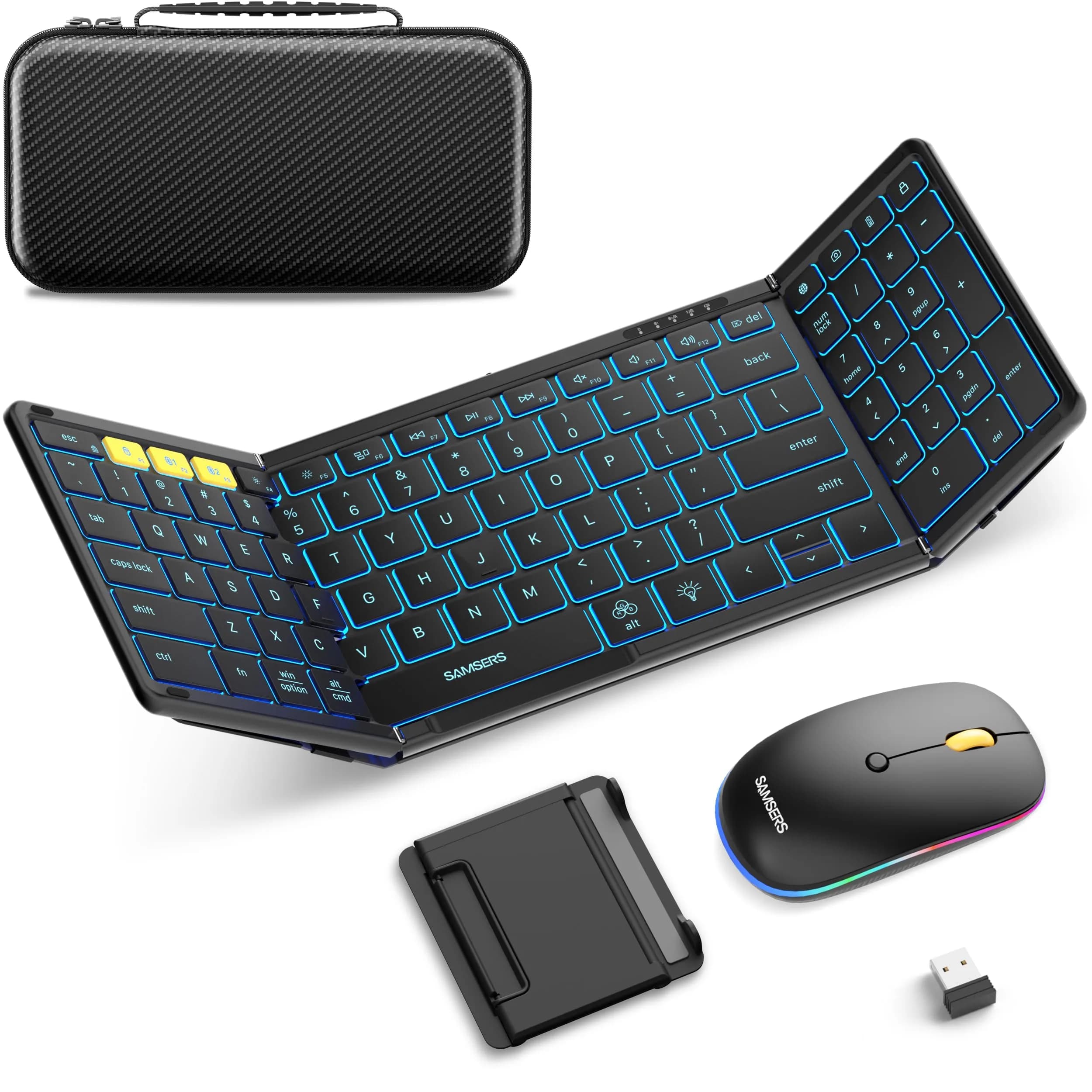 Samsers Foldable Keyboard and Mouse Combo with Backlit, Full-Size Portable Travel Keyboard & Rechargeable Wireless Mouse (Black)