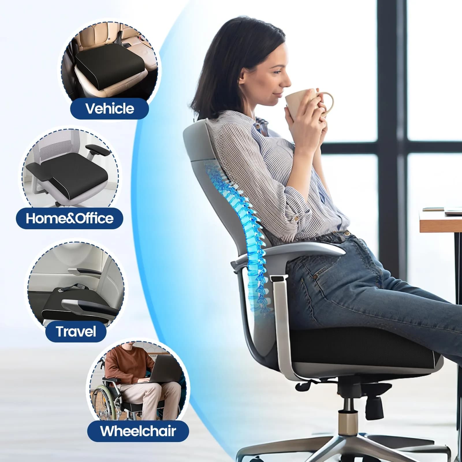 SweetSlubr Black Memory Foam Seat Cushion, Large | Ergonomic Design for Tailbone Pain Relief - view 4