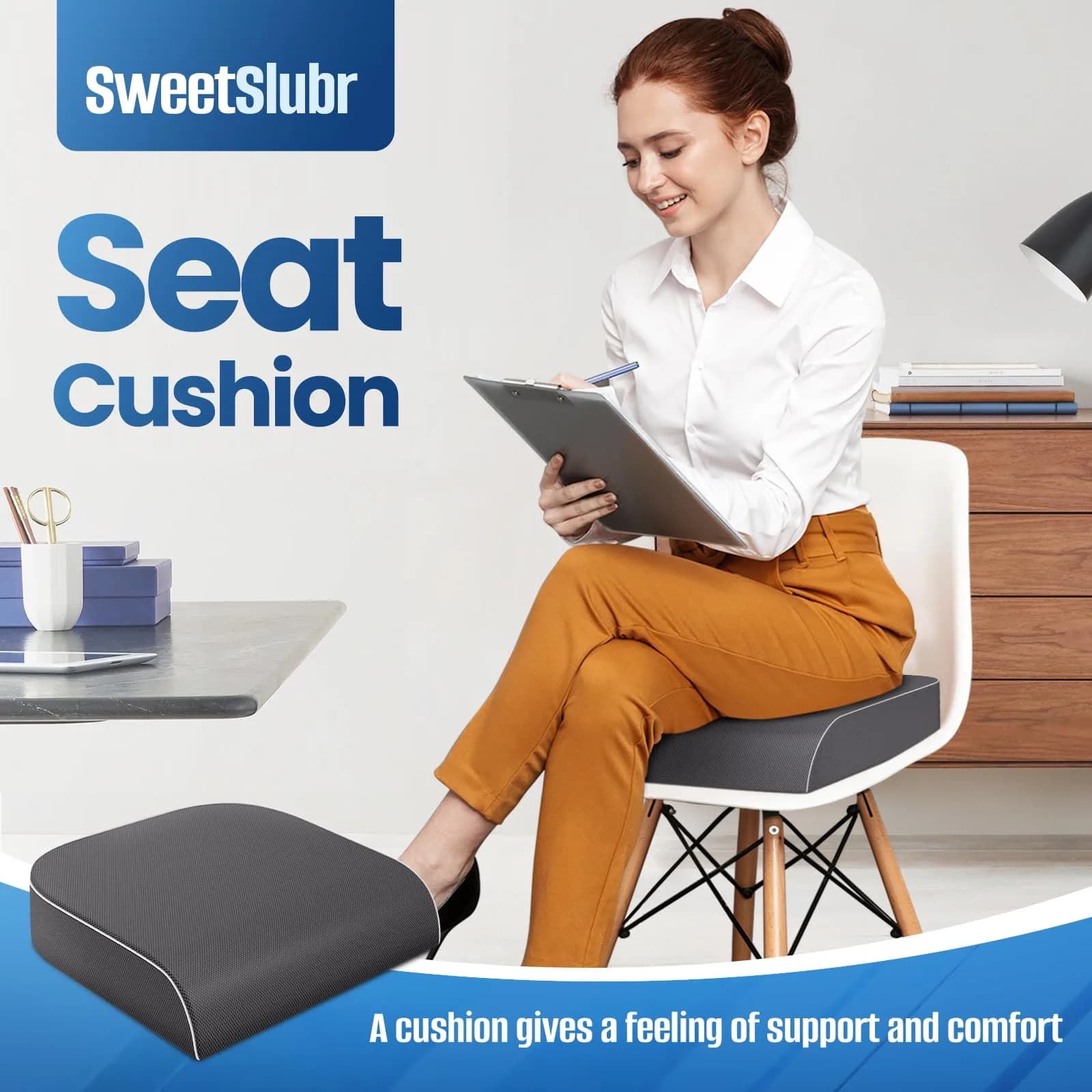 SweetSlubr Memory Foam Seat Cushion Large 41cm (16"x18") | Ergonomic Tailbone Pain Relief for Office, Car, Travel - view 6