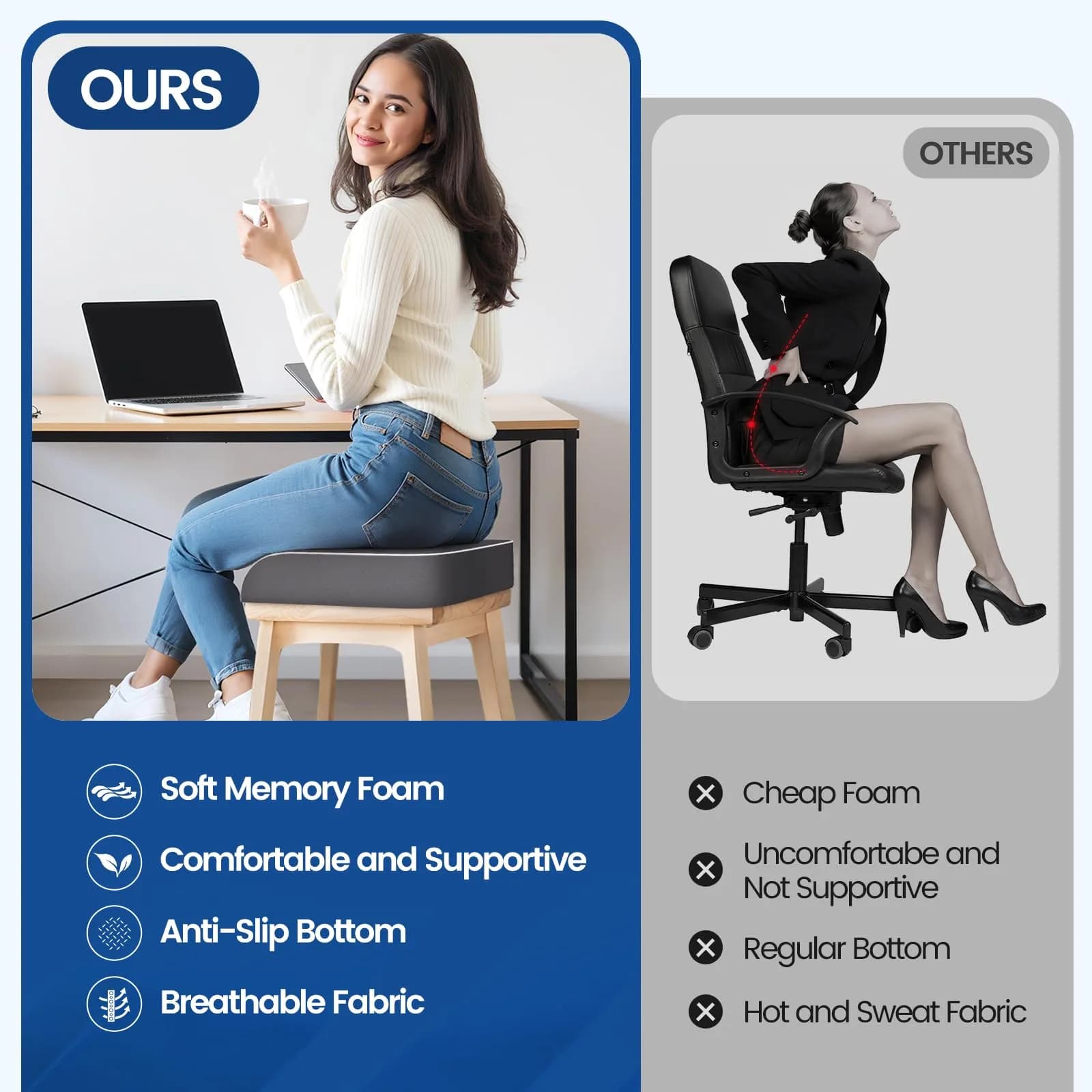 SweetSlubr Memory Foam Seat Cushion Large 41cm (16"x18") | Ergonomic Tailbone Pain Relief for Office, Car, Travel - view 7