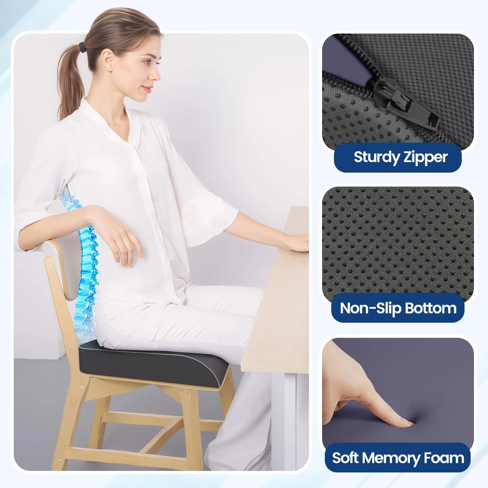 SweetSlubr Memory Foam Seat Cushion Large 41cm (16"x18") | Ergonomic Tailbone Pain Relief for Office, Car, Travel - view 3